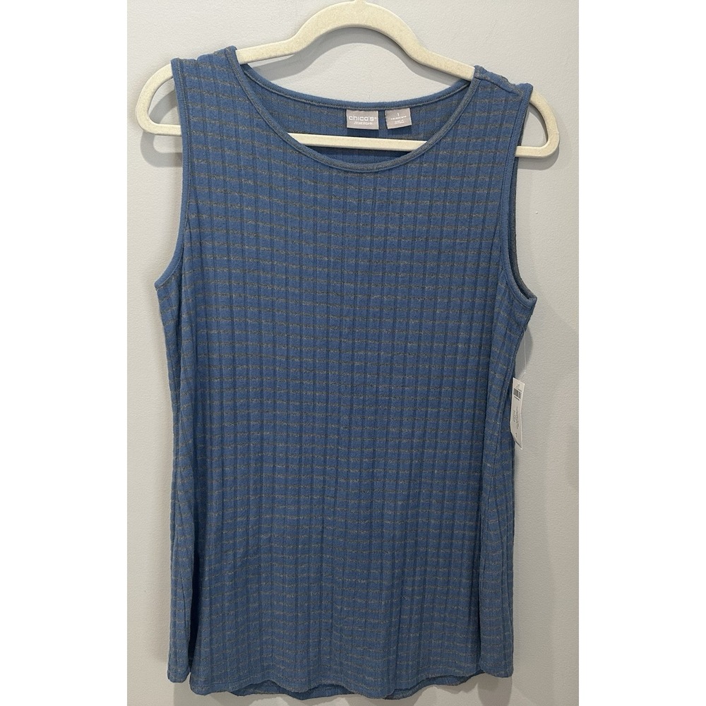 Chicos Top Womens Medium Blue Zenergy Striped Rib Knit Plush Tank Sleeveless NWT